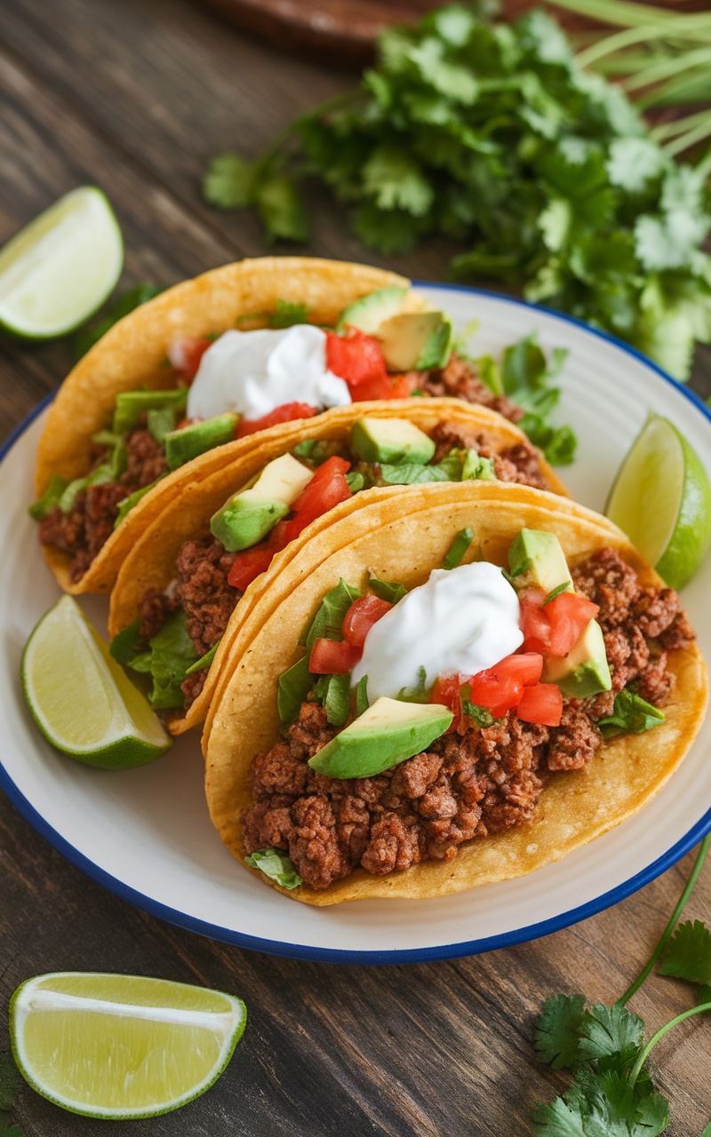 Crispy keto taco shells filled with ground beef, lettuce, tomatoes, and avocado on a rustic table.